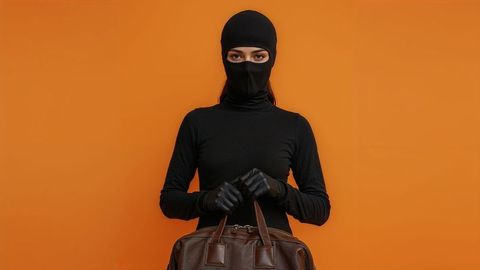 Female burglar wearing black balaclava holding duffel bag in orange background