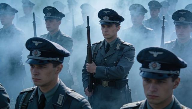 Wwii-era german soldiers standing in formation amid smoke holding bolt-action rifles