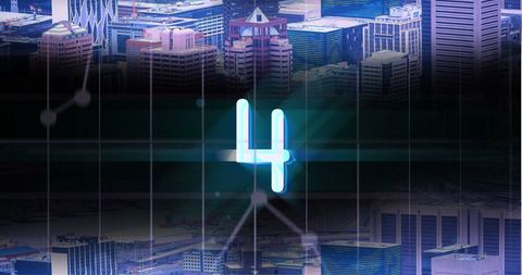 Digital number countdown over modern cityscape