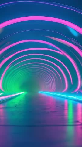 Vertical neon tunnel moving through pulsing LED strips, vibrant futuristic cyber corridor