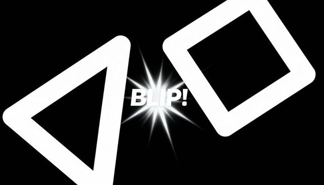 Blip! starburst between geometric triangle and square outlines on black minimal background