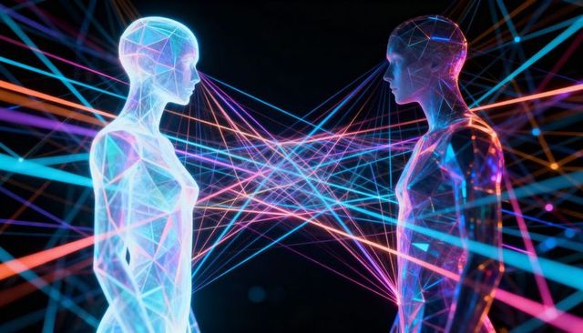 Neon Holographic Mesh Avatars Connecting Through Glowing Data Beams in Cybernetic Network