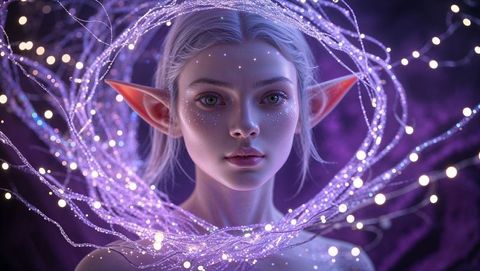Magic elf princess with glowing halo in enchanting realm