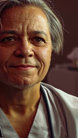 Vertical video: senior nurse smiling while prepping for consult, closeup warm portrait