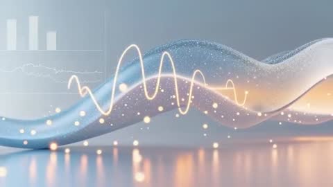 Abstract Digital Wave with Golden Particle Trail and Data Overlay