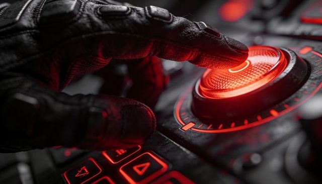Tactical gloved hand pressing illuminated red control button on high-tech cockpit console