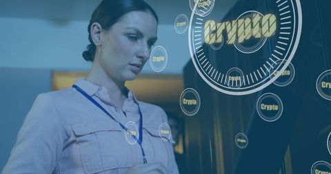 Woman analyzing crypto data in high-tech server room