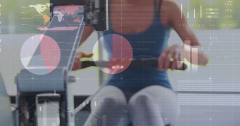 Fitness enthusiast exercising with financial data overlay