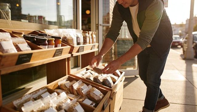 Bending man arranging packaged bread in sidewalk bakery display during golden hour