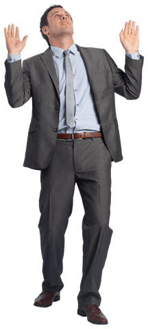 Transparent Confident Businessman Raising Arms Upwards