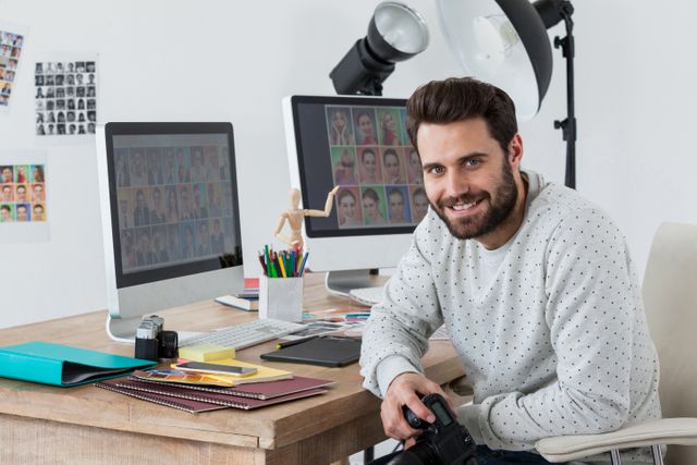 Photographer sitting at desk holding camera, smiling. Workspace includes computers with photo editing software, photography equipment, and office supplies. Ideal for use in articles about photography, creative professions, modern workspaces, or hobbyists.