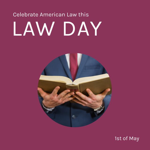 Photo of a male lawyer in a suit holding an open book against a solid red background. Suitable for promotions, Law Day events, legal industry content, educational materials on legal topics, and social media posts regarding law and justice.