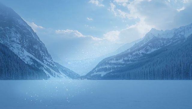 Glittering frozen lake leading into alpine mountain valley with sparkling snow