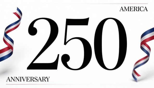 America celebrating 250th anniversary minimalist typographic banner with patriotic ribbons