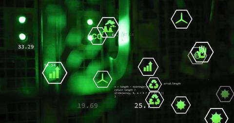 ecology icons and digital interface in server room - Download Free Stock Images Pikwizard.com