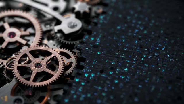 Bronze and steel gears merging with cyan digital tiles representing industry 4.0
