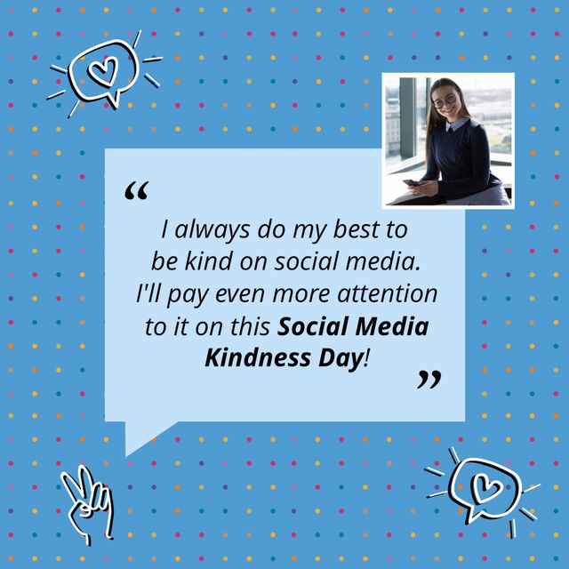 Photo showing a young woman promoting Social Media Kindness Day with a positive quote and symbols. Perfect for campaigns related to online civility, social media kindness, promoting positive behavior online, and awareness initiatives. Ideal for use on social media platforms, websites, newsletters, and educational materials.