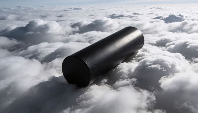 Matte black cylinder resting on ethereal cloudscape with dramatic light and horizon