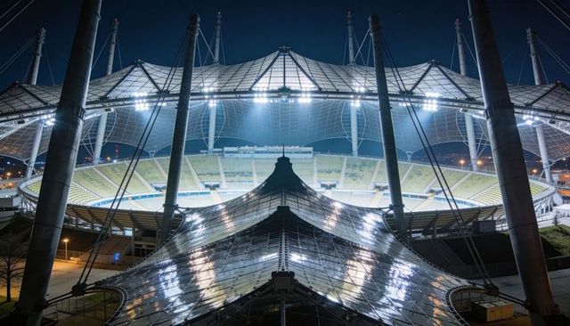 Glowing tensile stadium canopy under floodlights at night with sweeping masts and roof