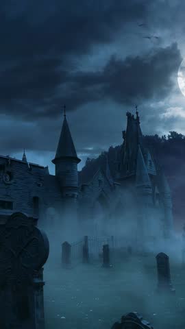Moonlit Gothic Graveyard Vertical Video with Fog, Bats, Ancient Tombstones and Spires, Cinematic