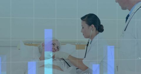 Nurse Listening to Senior Patient Heart with Stethoscope and Digital Health Data Overlay