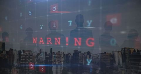 Cybersecurity Warning with Digital Codes Over Cityscape