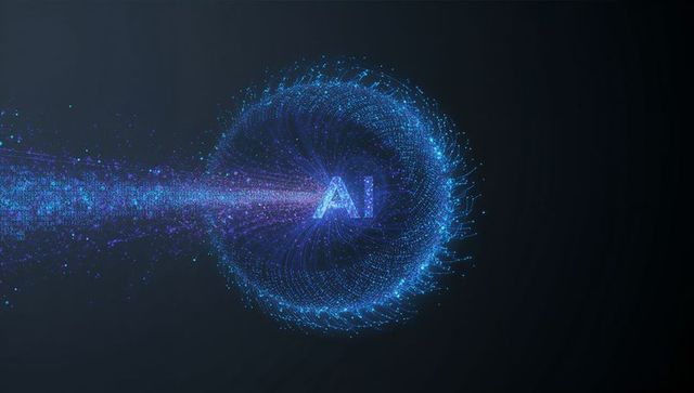 Ai data vortex forming neon particle torus with blue-purple digital stream and glow