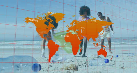 Family Cleaning Beach Overlay with Global Data Map