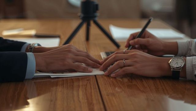 Close-up hands reviewing and signing contract documents on polished wooden conference table