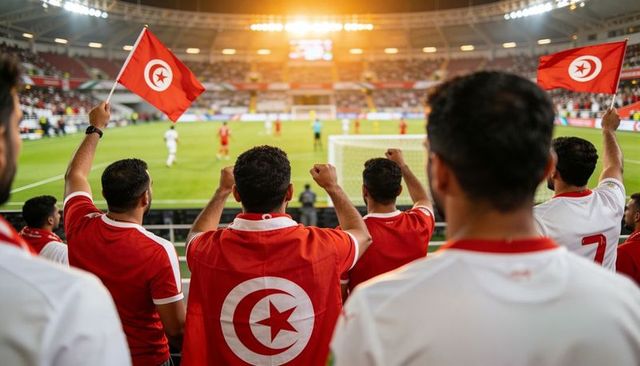 Tunisian football fans cheering and waving flags in packed stadium under floodlights