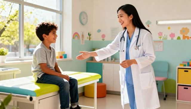 Pediatrician greeting smiling boy, reaching out in sunlit colorful children's exam room