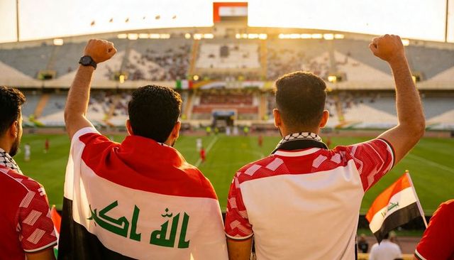 Cheering iraqi football fans raising fists draped in flag at stadium golden hour