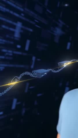 Vertical video tracking neon pulse along blockchain chain while man enters studio
