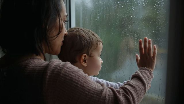 Asian mother holding infant at rainy window, pressing hand on glass, cozy intimate moment