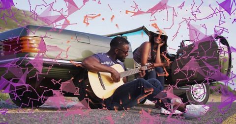 Guitarist Serenades Inside Convertible, Vintage Car Countryside