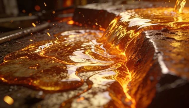 Flowing molten metal pouring through foundry channel with glowing sparks and reflections
