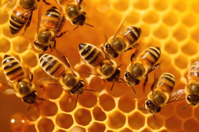 Close up of multiple bees on honeycomb created using generative ai technology - Download Free Stock Photos Pikwizard.com