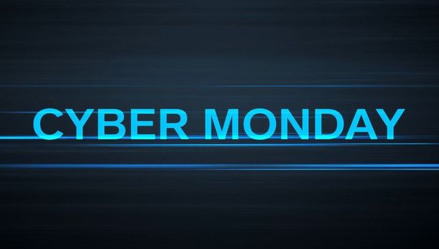Glowing cyber monday neon banner featuring futuristic blue light streaks