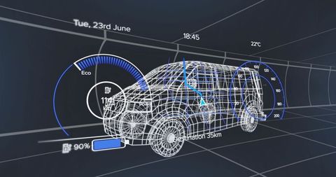 Futuristic wireframe suv in virtual reality grid