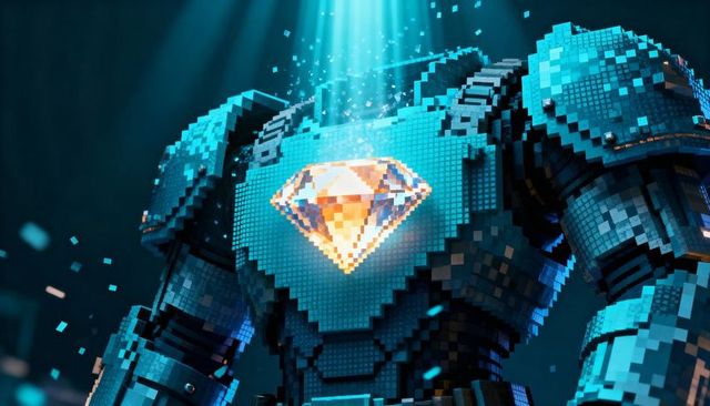 Pixelated Mech Torso Displaying Glowing Diamond Emblem Under Cyan Neon Beam