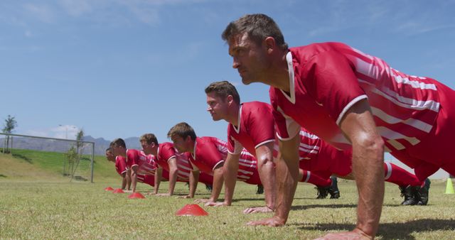 Soccer team performing push-ups outdoors on grass field, wearing red uniforms. Ideal for use in sports training materials, fitness promotion, teamwork illustrations, and outdoor activity content.