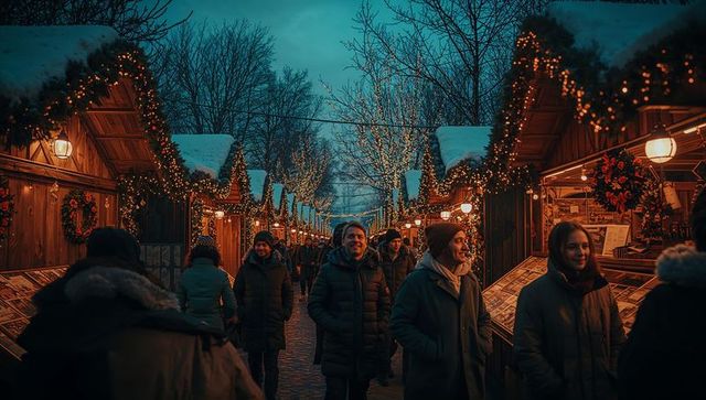 Festive Holiday Market Stalls at Twilight with Happy Shoppers