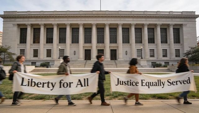 Protesters marching with 'liberty for all' and 'justice equally served' banners by courthouse