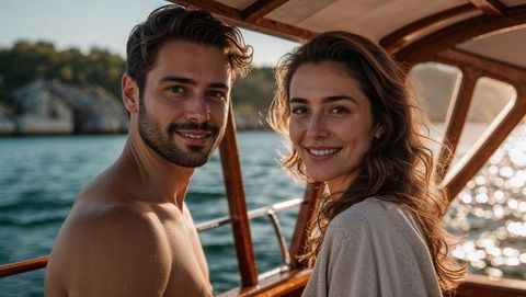 Romantic lovers enjoying boat ride in sunlit afternoon