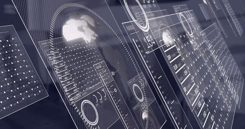 Futuristic data interface with virtual panels in modern office