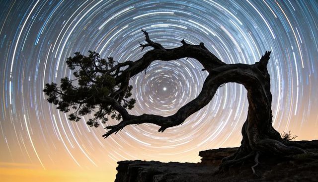 Gnarled tree framing star trails over cliff at twilight, dramatic silhouette