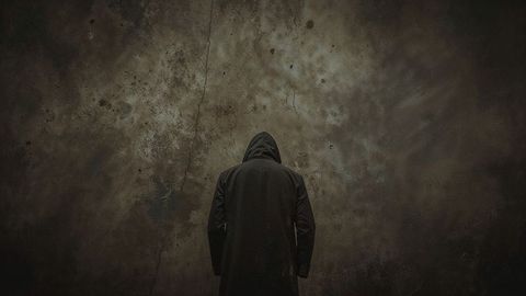 Hooded figure in grungy abandoned corridor creates eerie atmosphere