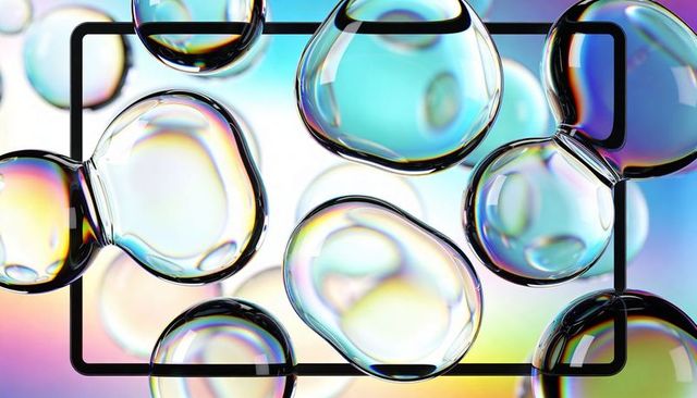 Floating iridescent soap bubbles overlapping thin black phone frame on pastel gradient
