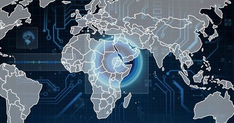 Global Cybersecurity Radar Highlighting East Africa on Interactive Digital Map and UI