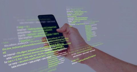 Hand Holding Smartphone, Thumb Tapping Floating Code Overlay for AR Mobile Coding